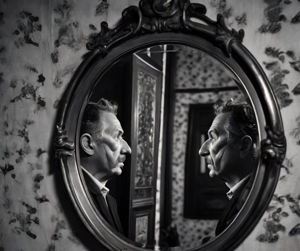 Man looking into a mirror.