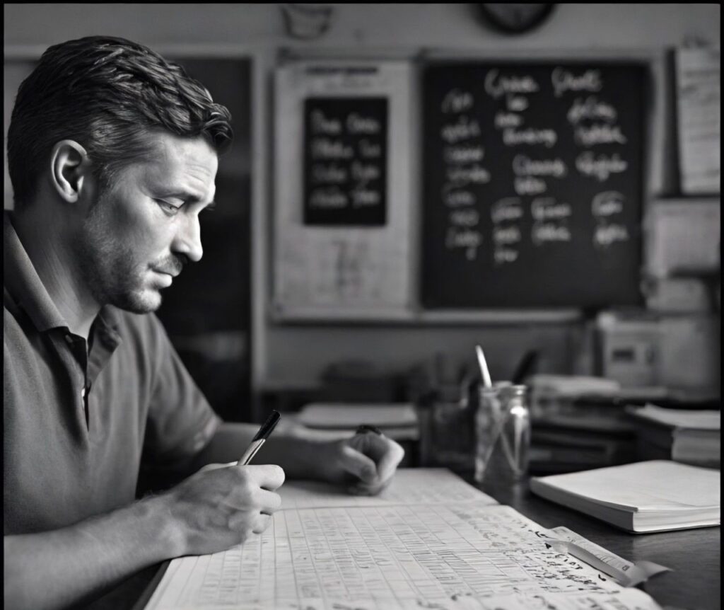 Man looking at a piece of paper.