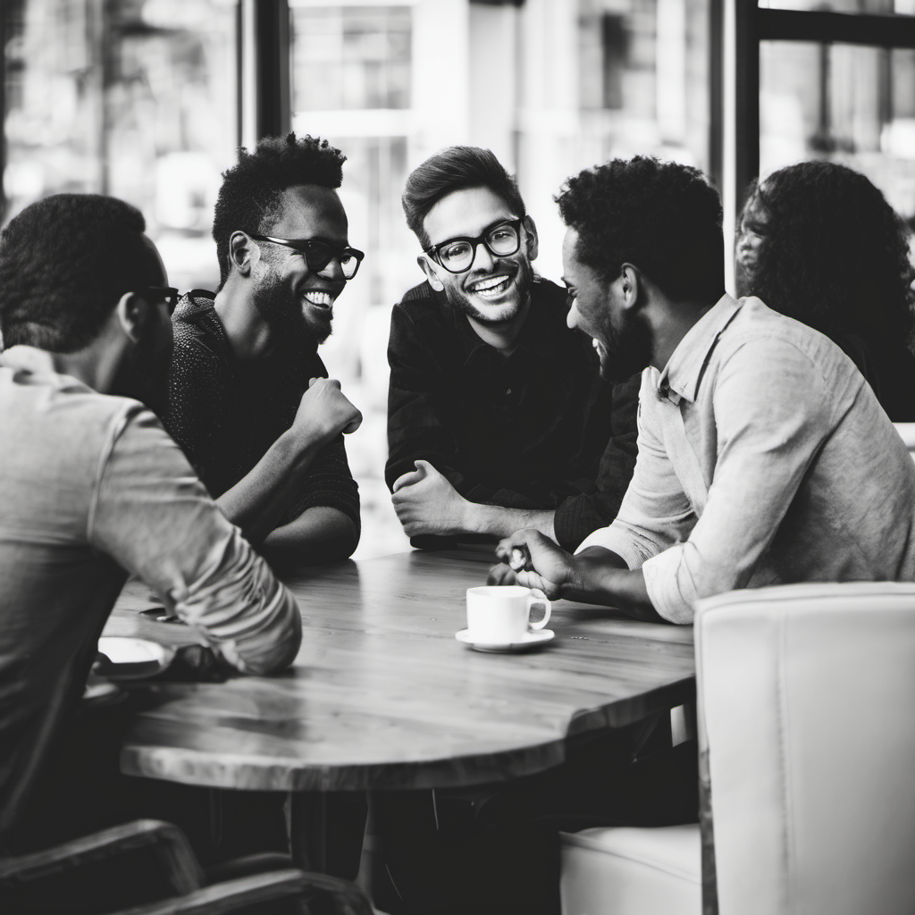 Image shows a group of young men laughing and talking.