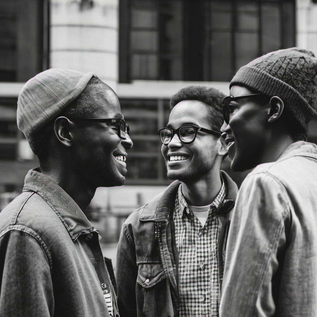 Image shows three men with glasses and hats smiling and talking.